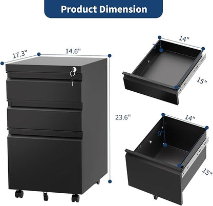 GAOMON 3-Drawer Mobile File Cabinet with Lock, Metal Filing Cabinet on Wheels, Fits Letter/Legal/A4 Files, Space-Saving Under Desk Office Storage Organizer for Home Office, Easy Assembly, Black