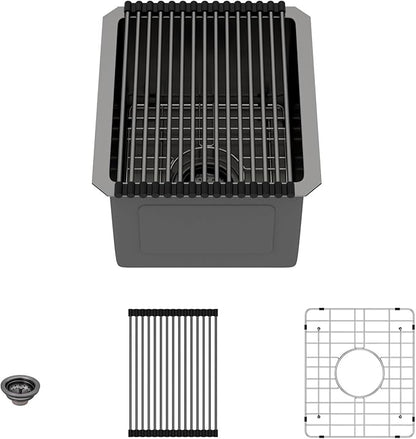 Lordear Black Undermount Bar Sink 13 x15 x 9 Inch Bar Prep Sinks Gunmetal Black Stainless Steel Handmade Kitchen Sink Basin
