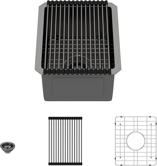Lordear Black Undermount Bar Sink 13 x15 x 9 Inch Bar Prep Sinks Gunmetal Black Stainless Steel Handmade Kitchen Sink Basin