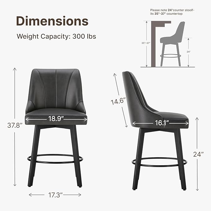 24" Counter Height Bar Stools Set of 4, Swivel Bar Stools with Backs, Faux Leather Upholstered Counter Barstools with Solid Wood Legs for Kitchen Island,Black