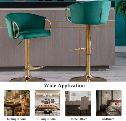 Rhomtree 24-32 Inch Swivel Bar Stools, Adjustable Counter Height Barstools with Gold Stable Metal Frame Footrest, Upholstered Bar Chairs for Home Bar Kitchen Island(Green Set of 6)
