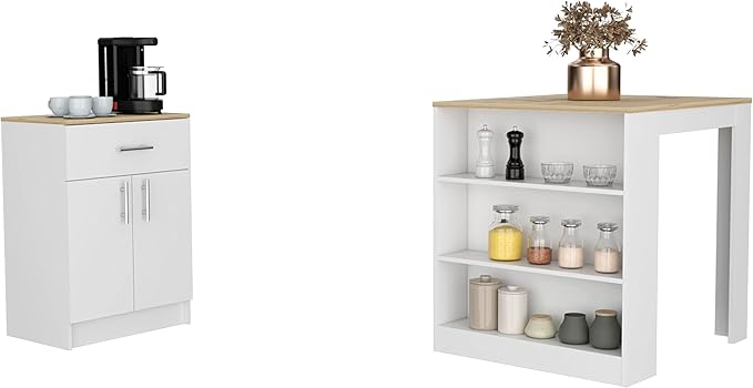 GOWE 2 Piece Kitchen Set, Kitchen Island Table + Pantry Cabinet, White/Light Oak