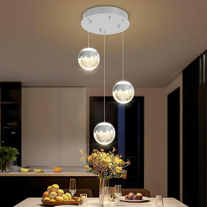 Modern Crystal Pendant Lighting Silver Globe Pendant Light Fixture, Mid Century Chandelier 3-Light Hanging Fixture for Kitchen Island,Globe Chandeliers for Dinning Room Bedroom