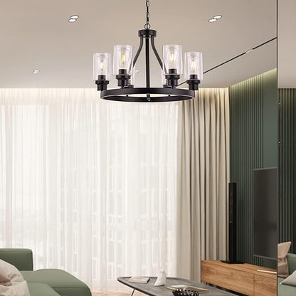 Farmhouse Chandelier for Dining Room Light Fixture Black Kitchen Pendant Light 6-Light Round Rustic Ceiling Hanging Lighting with Glass Globes Adjustable Height Metal E26