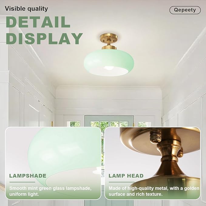 Vintage Mint Green Glass Flush Mount Ceiling Light, Gold Mid Century Modern Ceiling Lamp, Closet Ceiling Fixture for Kitchen, Hallway, Living Room, Bedroom, Laundry Room