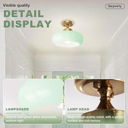 Vintage Mint Green Glass Flush Mount Ceiling Light, Gold Mid Century Modern Ceiling Lamp, Closet Ceiling Fixture for Kitchen, Hallway, Living Room, Bedroom, Laundry Room