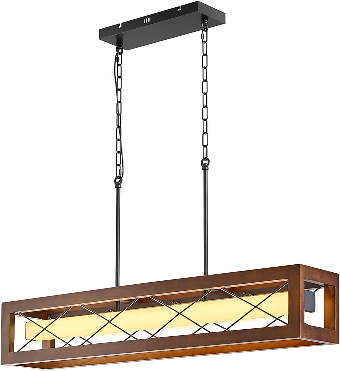 39.4" Farmhouse Dining Room Light Fixture Over Table, Rustic Wood Linear Chandeliers for Dining Room, 34W LED Dimmable Kitchen Island Lighting, Hanging Rectangular Pendant Light with Remote
