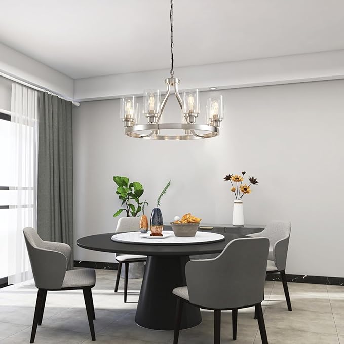 Lanhall 8-Light Modern Chandeliers for Dining Room Light Fixture Brushed Nickel Kitchen Chandelier Ceiling Hanging Pendant Lighting with Glass Shade for Living Room Entryway Adjustable Height E26