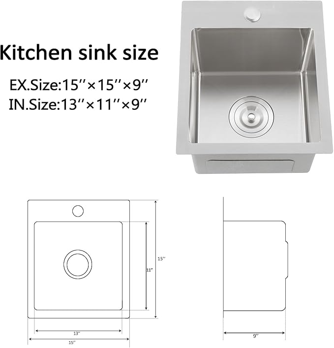 Hotis 15x15 Inch Drop In Bar Sink, Brushed Nickel Stainless Steel Topmount Small RV Kitchen Sinks, Wet Bar Sink For Outdoor, RV, and Outdoor Yard with Dish Grid and Basket Strainer