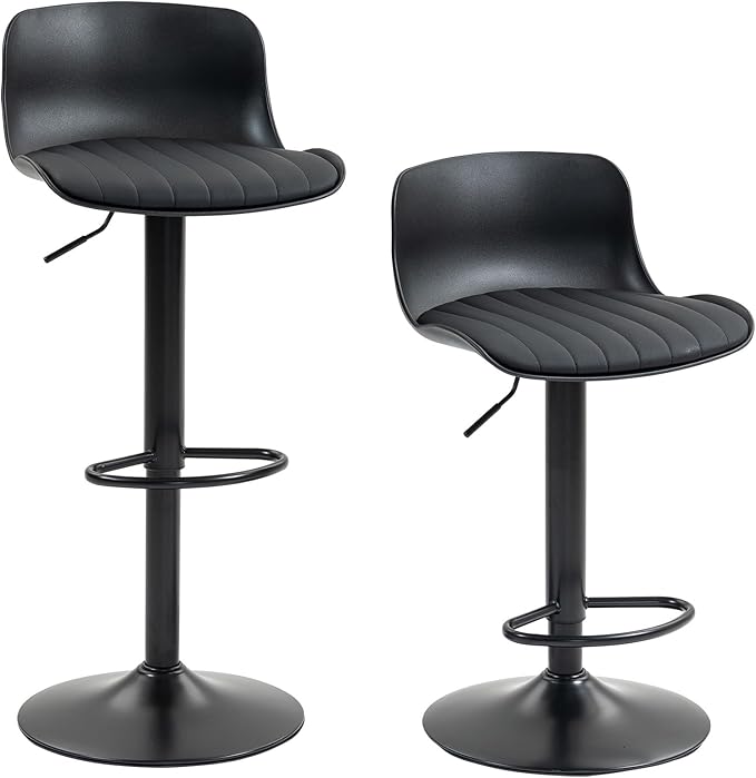 Bar Stools Set of 2 PU Leather Counter Height Bar stools with Back, Height Adjustable Swivel Kitchen Island Chairs, Armless, Large Base Black