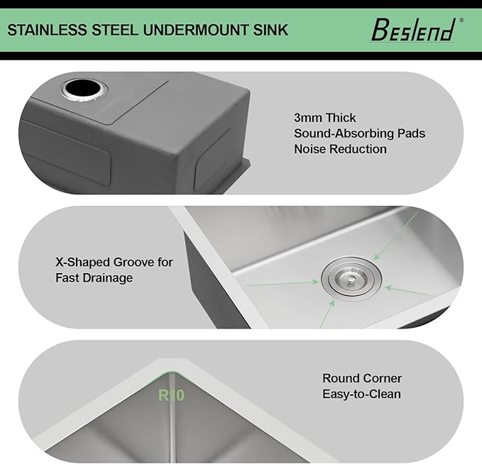 30 Inch Undermount Kitchen Sink - Beslend 30x18x10 Inch Undermount Stainless Steel Kitchen Sink 16 Gauge Single Bowl Round Corner Under Counter Basin