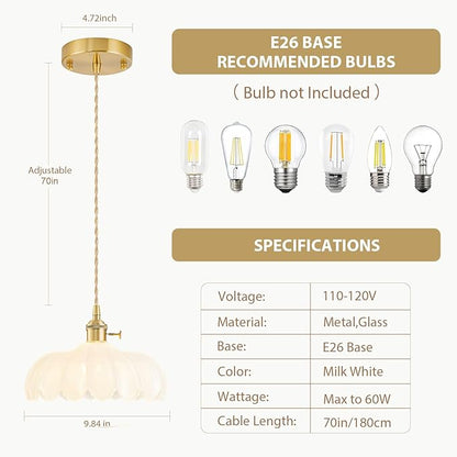 Glass Pendant Lights Kitchen Island, Vintage Brass Pendant Light Fixtures, Adjustable Milk White Kitchen Pendant Lighting Over Island for Bedroom Living Room Hallway Dining Room