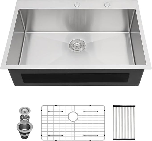 30x22 Drop In Kitchen Sink - Couoko 30 Inch 16 Gauge T304 Stainless Steel Drop In Sink Large Deep Handmade Single Bowl Kitchen Sinks with Accessories, 30"x22"x9"