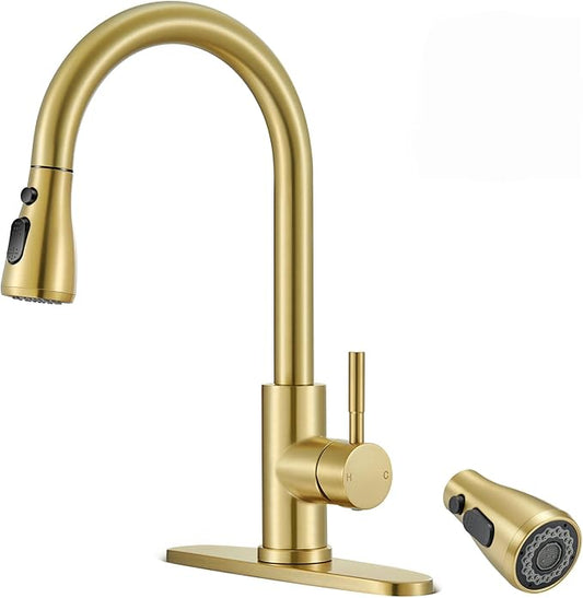 Brushed Gold Kitchen Faucets with Spray Head Replacement, High Arc Single Handle Stainless Steel Kitchen Sink Faucet for 1 or 3 Hole, Ideal for Farmhouse RV Laundry Bar Camper & Commercial