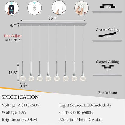 Rectangular Crystal Pendant Lights for Kitchen Island 8 Light Dimmable Crystal Chandelier Lighting Fixtures with Remote for Dining Room Living Room Silver