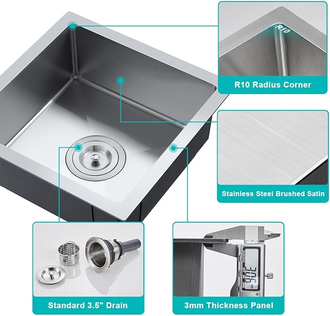 15 Inch Undermount Single Bowl Kitchen Sink, 18 Gauge 304 Stainless Steel Mini Bar Sink for Compact Kitchen & RV with X-Drain Groove & Noise Absorbing Pads,D15"xW15"xH6"