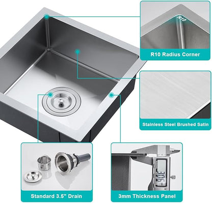 15 Inch Undermount Single Bowl Kitchen Sink, 18 Gauge 304 Stainless Steel Mini Bar Sink for Compact Kitchen & RV with X-Drain Groove & Noise Absorbing Pads,D15"xW15"xH6"