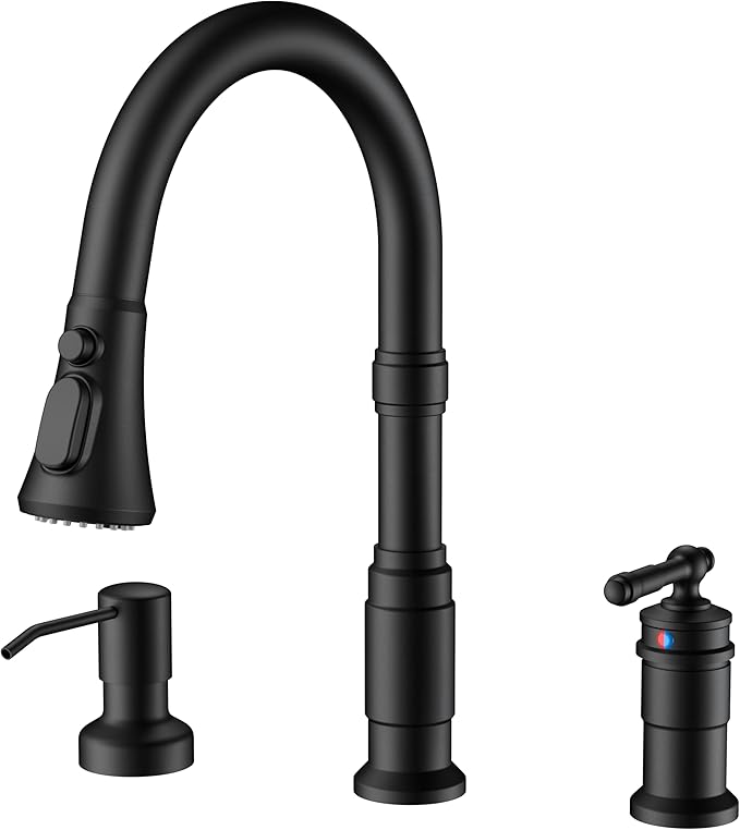 FORIOUS 3 Hole Black Kitchen Faucet with Soap Dispenser, Stainless Steel Vintage Pull Down Sprayer Kitchen Sink Faucet with Single Seperate Handle, Suitable for Farmhouse Outdoor Camper Rv Bar