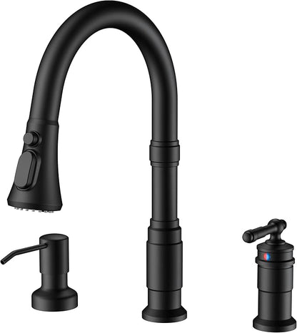 FORIOUS 3 Hole Black Kitchen Faucet with Soap Dispenser, Stainless Steel Vintage Pull Down Sprayer Kitchen Sink Faucet with Single Seperate Handle, Suitable for Farmhouse Outdoor Camper Rv Bar