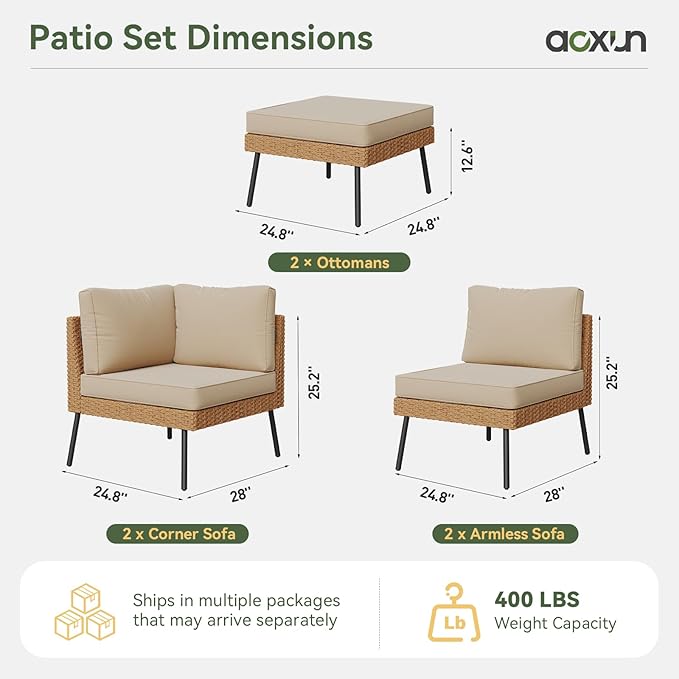 Aoxun 6 Piece Patio Furniture Set, 6 Seats Outdoor Sectional Sofas with Thick Cushion, Wicker Outdoor Patio Furniture Set with Ottomans for Party, Garden, Backyard, Beige