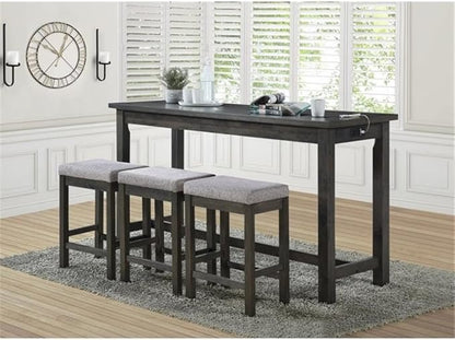 Pemberly Row 4 Piece Wood Counter Height Dining Set, Brownish Gray Finish, Ash Veneer Table with Drawer, USB Ports, Power Outlets, 3 Upholstered Stools, 66.25 in Table for Kitchen or Dining Room