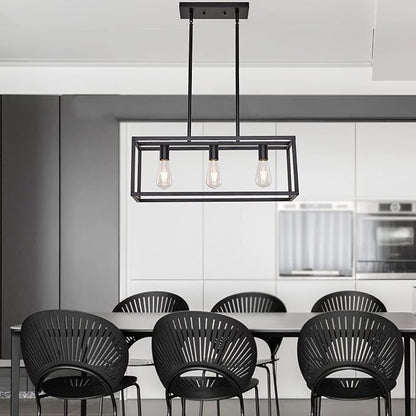 Farmhouse Rectangle Chandeliers for Dining Rooms, Modern Linear Hanging Light Fixture Matte Black 3-Light Industrial Pendant Lighting for Kitchen Island