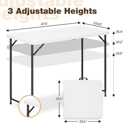 4ft Folding Table with Adjustable Height, 3-Level Foldable Table with HDPE Top & Steel Legs, Portable 4 Foot Folding Table for Picnic, Party, Craft, Indoor Outdoor Use, White