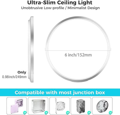 zemty 6Pack 6.5Inch LED Ceiling Lights Brushed Nickel, 12W 1200lm Small Flush Mount Light Fixture, 3000K/ 4000K/ 6500K Round Flat Recessed Ceiling Lights for Kitchen, Closet, Hallway,Pantry