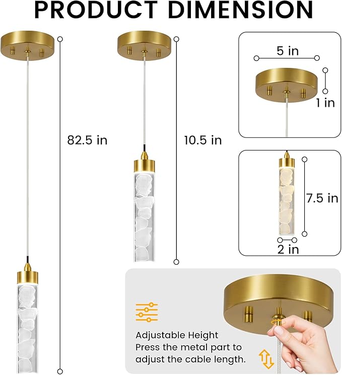 Pendant Lights Kitchen Island 3 Pack, Modern Mini Pendant Light Fixtures with Crystal Stone, Dimmable LED Chandelier, Gold Hanging Light Fixture for Dining Room Hallway, 3000-5000K Adjustable, ETL