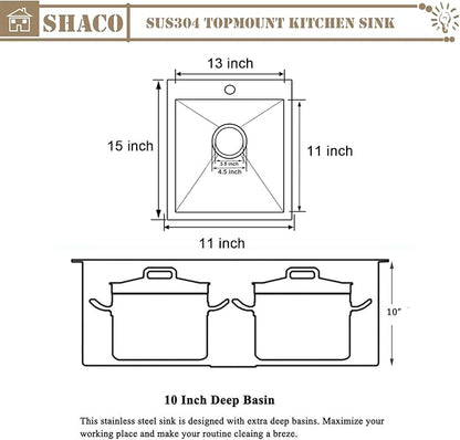 SHACO 13x15 Inch Drop In RV Bar Sink, Topmount 16 Gauge Stainless Steel Single Bowl Small Kitchen Outdoor Sink with Strainer Drain