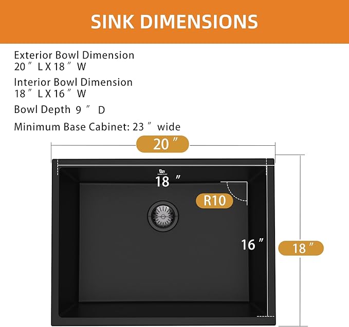 20-inch Granite Composite Kitchen Sink, GABETLET Undermount Quartz Kitchen Sinks with Spacious Workspace and Easy Cleaning, Black Single Bowl Deep Sink with Complete Accessories