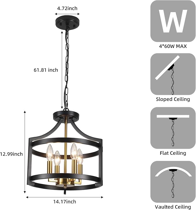 Farmhouse Dining Room Light Fixture,4 Lights Kitchen Chandeliers Over Table Modern Black&Gold Hanging Pendant Lamp Convertible Semi Flush Mount Ceiling Light for Entryway Foyer Island Hallway