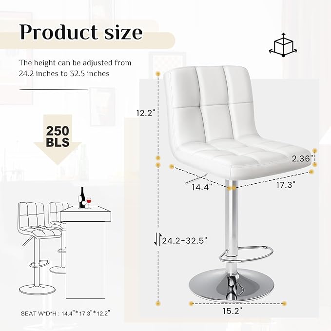 DUMOS Bar Stools Set of 4, 24 inch Counter Height Bar Stools, Upholstered Modern Kitchen Barstools with Metal Base, PU Leather Saddle Stools for Kitchen Island, Snowy White