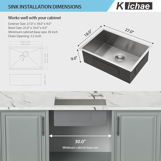 Kichae 27 Inch Undermount Kitchen Sink 27 x18 Inch Kitchen Sink Stainless Steel 16 Gauge Deep Single Bowl Round Corner Handmade Basin