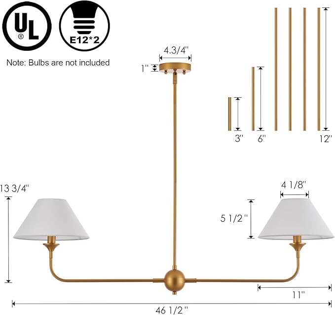 Modern Linear Chandeliers for Dining Room, Gold Island Light Fixtures with Off-White Fabric Shade, Rustic Linear Pendant Light for Kitchen