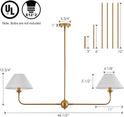 Modern Linear Chandeliers for Dining Room, Gold Island Light Fixtures with Off-White Fabric Shade, Rustic Linear Pendant Light for Kitchen