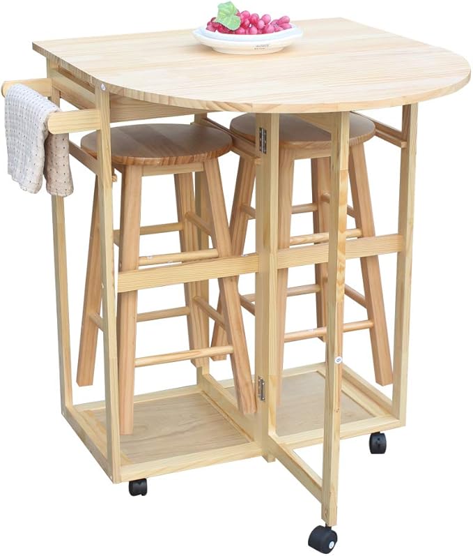 Foldable Dining Table Set, Kitchen Island Trolley Cart with 2 Stools and 2 Drawers Solid Wood Drop Leaf Table Breakfast Cart Bar Dining Room Serving Cart (Semicircle Dining Cart Burlywood 2)