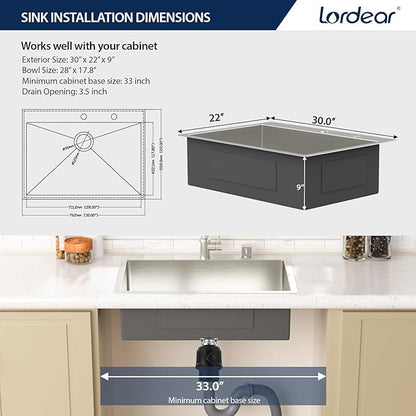 Lordear 30 inch Drop In Kitchen Sink Stainless Steel 16 Gauge Single Bowl Topmount Rectangular Round Corner Kitchen Sinks Overcounter Basin