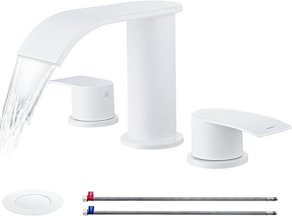 Ultimate Unicorn 8 inch Bathroom Faucet White, Waterfall Bathroom Sink Faucet with Metal Pop-up Drain Stopper and 2 Supply Hoses,2 Handle Widespread Faucets for Vanity Sink 3 Holes