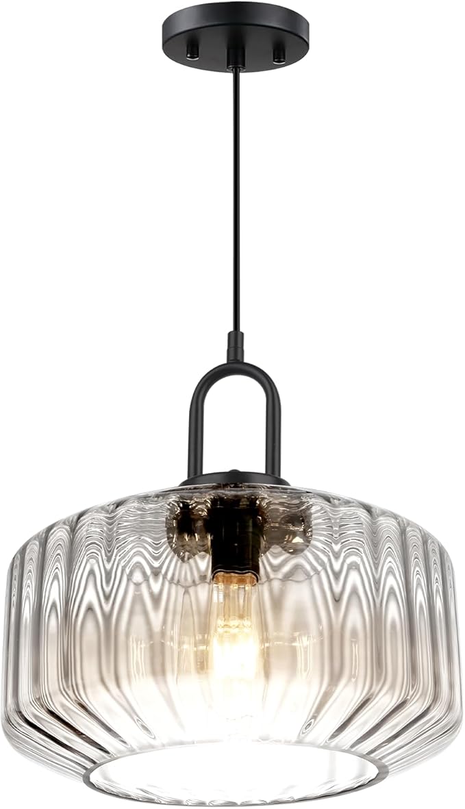 Glass Pendant Light Fixture Kitchen Island Farmhouse Modern Pendant Lights Striped Wave Clear Globe Lamp Shade Black Metal Light fixtures Dining Room Glass Ceiling Hanging Lighting