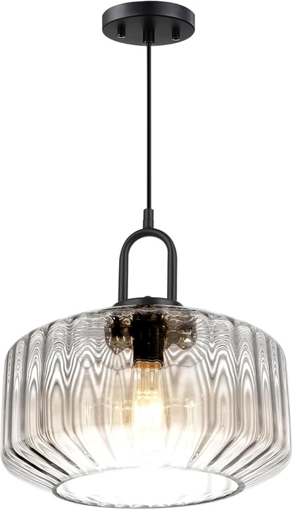 Glass Pendant Light Fixture Kitchen Island Farmhouse Modern Pendant Lights Striped Wave Clear Globe Lamp Shade Black Metal Light fixtures Dining Room Glass Ceiling Hanging Lighting