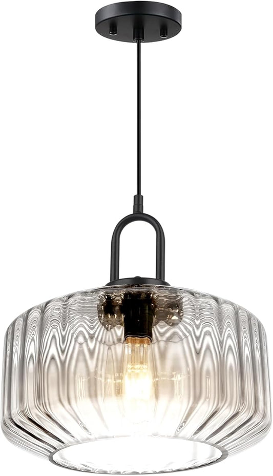 Glass Pendant Light Fixture Kitchen Island Farmhouse Modern Pendant Lights Striped Wave Clear Globe Lamp Shade Black Metal Light fixtures Dining Room Glass Ceiling Hanging Lighting