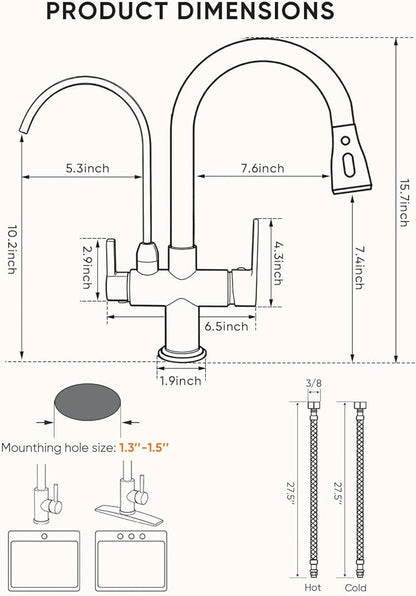 WANFAN Kitchen Sink Faucet with Pull Down Sprayer 2 Handle 3 in 1 Water Filter Purifier Faucets Black 0195R