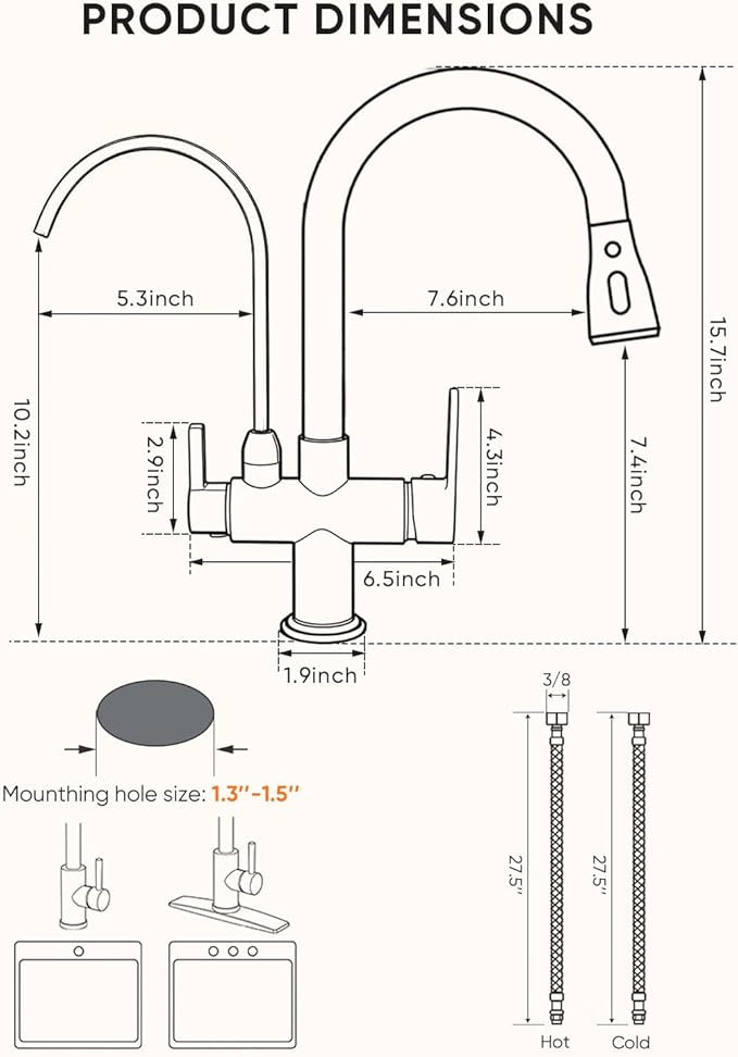 WANFAN Kitchen Sink Faucet with Pull Down Sprayer 2 Handle 3 in 1 Water Filter Purifier Faucets Brushed Nickel 0195SN