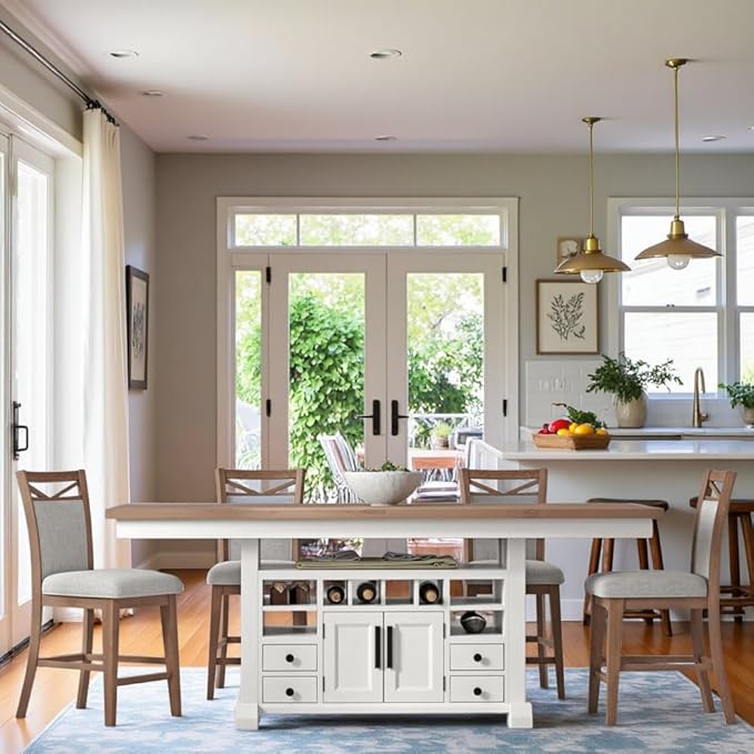 Starlight Canyon Home White Counter Height Dining Table with Storage, Extendable 90 Inch Counter Height Kitchen Island, Oak Top, Versatile Design