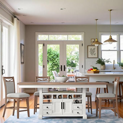 Starlight Canyon Home White Counter Height Dining Table with Storage, Extendable 90 Inch Counter Height Kitchen Island, Oak Top, Versatile Design