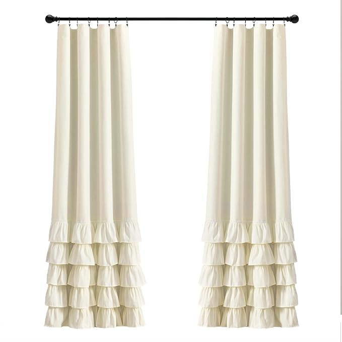 Lush Decor Allison Ruffle 100% Blackout Window Curtain Single 40" W x 84" L Ivory - Cream Blackout Curtains for Bedroom or Nursery - Coquette Curtains