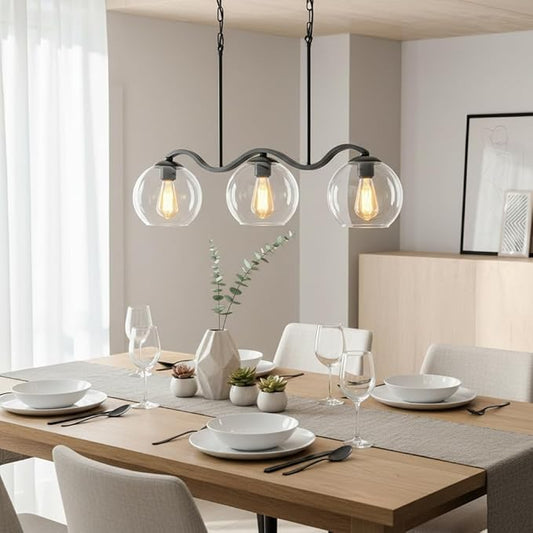Farmhouse Linear 3-Light Black Chandelier with Wavy Arms, Kitchen Island Pendant Light Fixture with Clear Glass Globe Shades, Ceiling Hanging Lighting for Dining Room Table, Bar