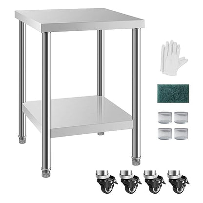 NSF Stainless Steel Table for Prep & Work with Caster 24x24 Inches, Metal Commercial Kitchen Table with Under Shelf and AdjustableTable Foot for Restaurant, Home and Hotel