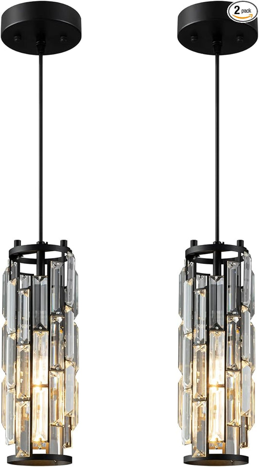 LMQNINE Pendant Lights Modern Black Pendant Light Mini Crystal Chandelier Pendant Lighting for Kitchen Island Dinning Room Bedroom Kitchen Sink Lighting (Black 2-Pack)